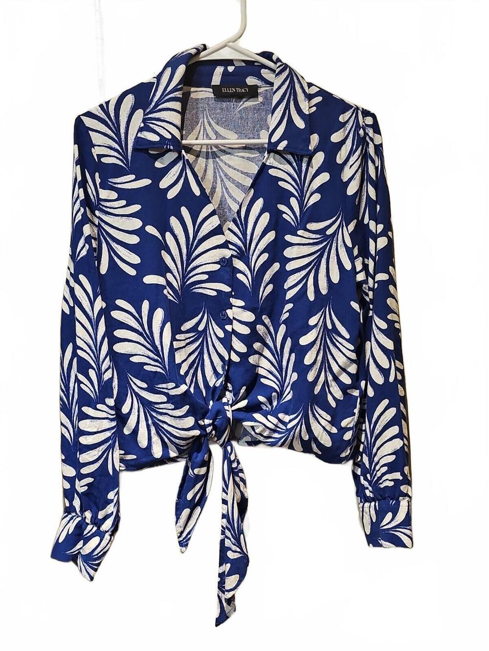 Ellen Tracy Woman Long Sleeve Top V Neck Royal Blue Leaf Tie Front Button Size L